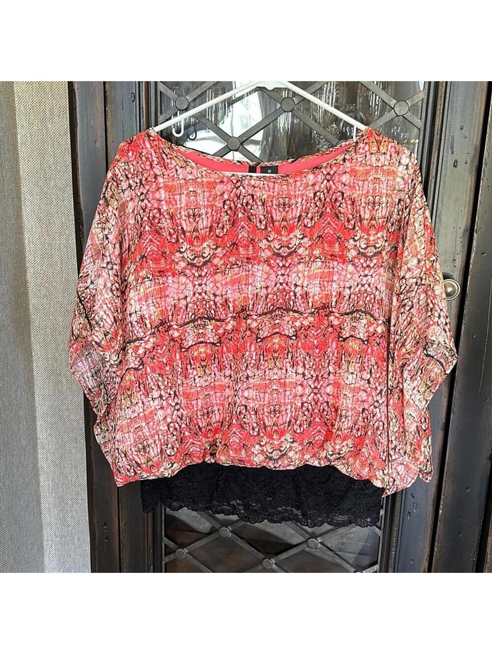 New Directions | Women's Pink & Black Butterfly Sleeve Blouse | Size M | 0756